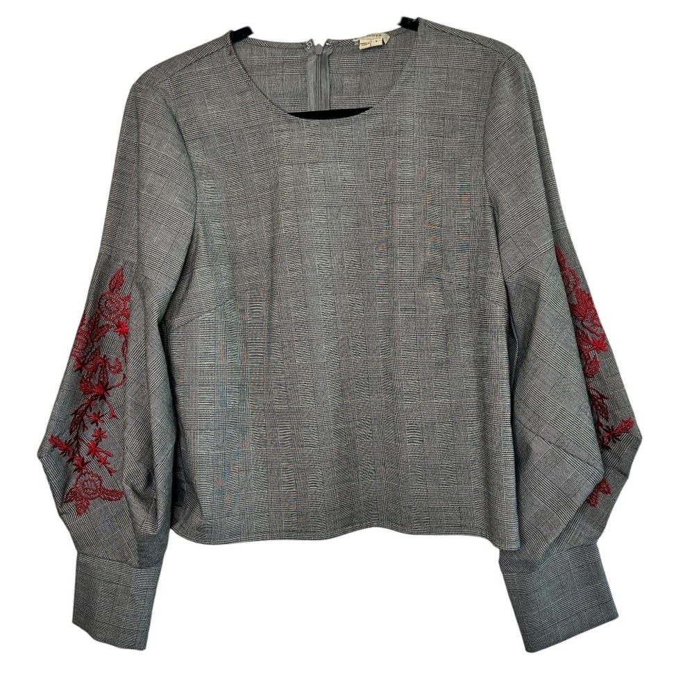 A. Moss |  Black & White Houndstooth - Red Embroidered Statement Top | Small